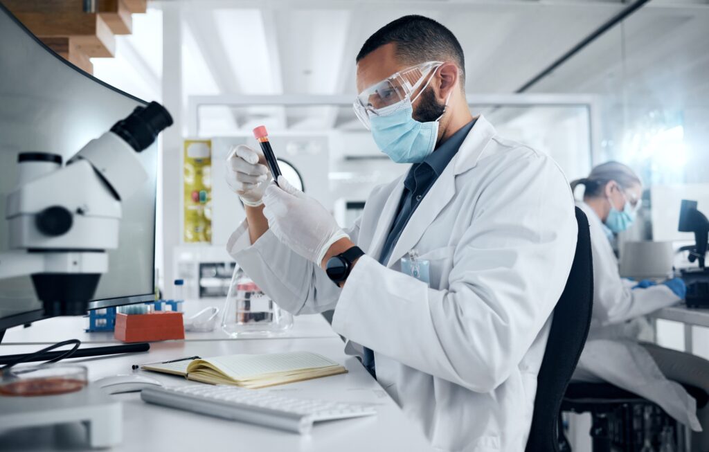 Man, lab and research in science to study dna of virus with PPE for safety, wellness and health. Do